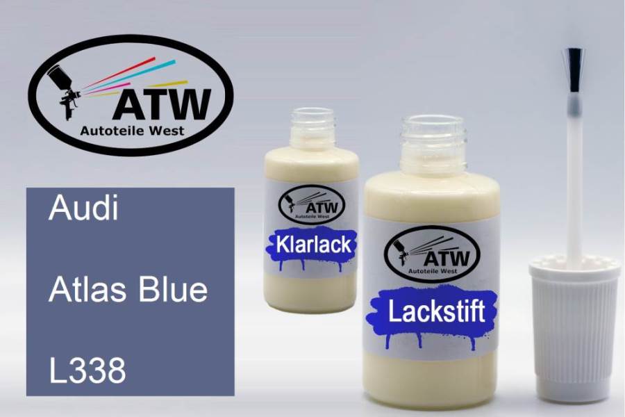 Audi, Atlas Blue, L338: 20ml Lackstift + 20ml Klarlack - Set, von ATW Autoteile West.